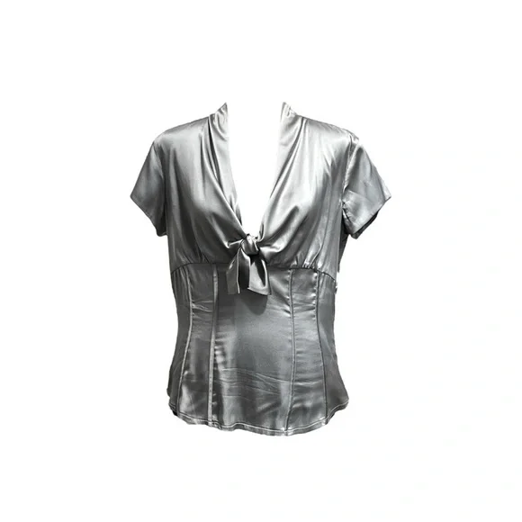 Silver Tie Front Fitted Blouse - Picture 3 of 15